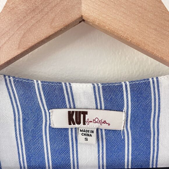 Kut from the Kloth Womens Blouse Small Blue Striped Crossover Roll Tab Sleeve - Picture 3 of 6